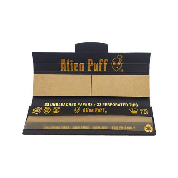 33 Alien Puff Black & Gold King Size Unbleached Brown Rolling Papers + Tips